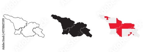 Georgia map vector set with editable country outline black silhouette and national flag featuring white background with five red crosses for geography, education, and cultural design projects