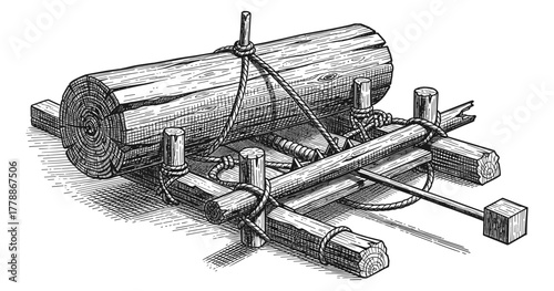 Detailed engraved style log transportation sledge with ropes and wooden pieces