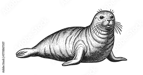 Detailed engraving of a harbor seal in vintage style with intricate line art
