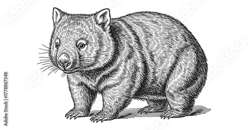 Highly detailed engraving of a wombat in vintage style