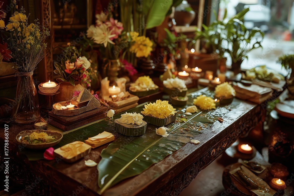 Naklejka premium A vibrant altar adorned with flowers, candles, and offerings, creating a serene atmosphere for meditation or spiritual rituals.