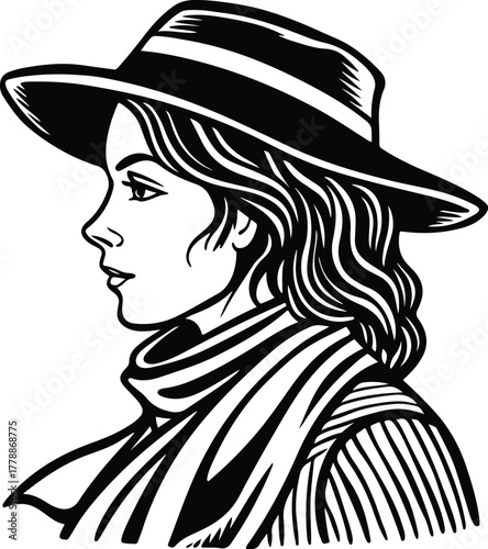 Vintage woman in stylish hat silhouette