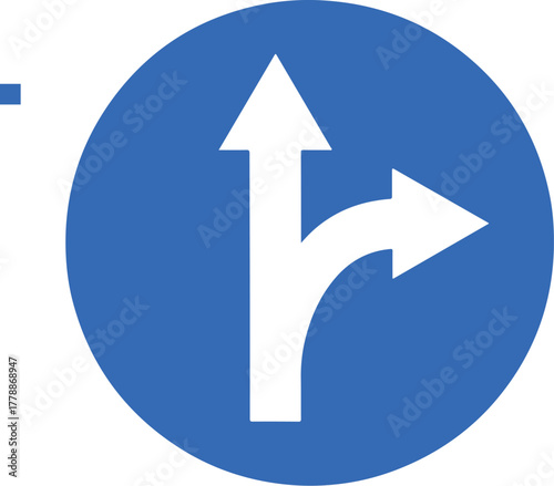 Right Turn or Straight Ahead Traffic Sign - Blue Circular Road Sign