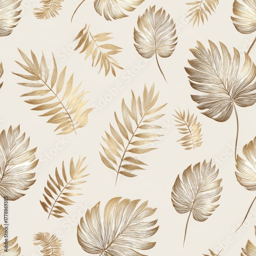 Elegant gold leaf pattern on soft cream background creating a modern, stylish decor element for various design projects