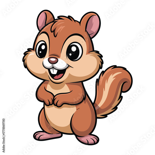 Illustration of a cute chipmunk smiling the cartoon chipmunk has big eyes, a fluffy tail, and a happy expression on its face