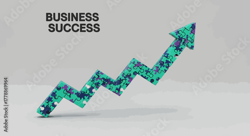 Conceptual business growth visualization with puzzle piece arrow pointing upwards for achievement