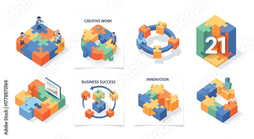 Isometric jigsaw puzzle blocks illustrating various business concepts and teamwork success
