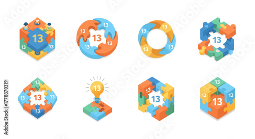 Infographic isometric puzzles forming geometric shapes with central number thirteen concept