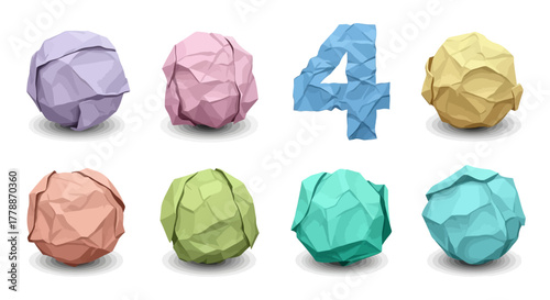 Artistic arrangement of crumpled paper balls in various colors including number 4