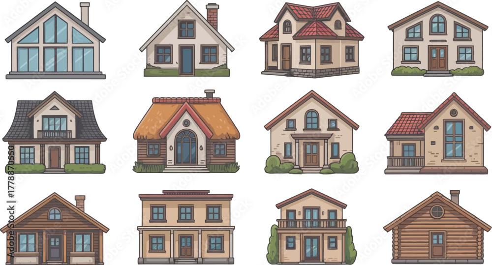 Fototapeta premium Collection of twelve diverse architectural styles of charming residential houses and cottages isolated on white background