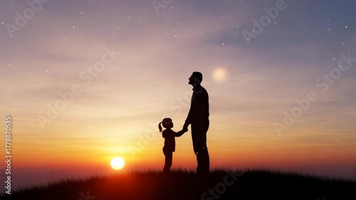 Silhouette of father and daughter holding hands at sunset, family love concept