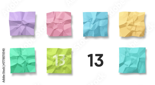 Crumpled paper squares with a calendar date thirteen design in pastel rainbow