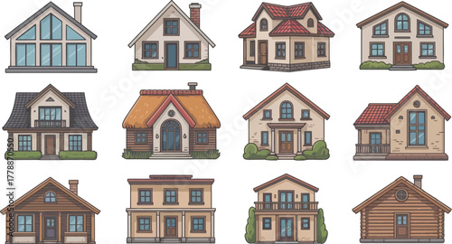 Collection of twelve diverse architectural styles of charming residential houses and cottages isolated on white background