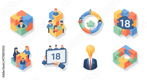 Illustrations representing teamwork, problem-solving, collaboration, and business achievements