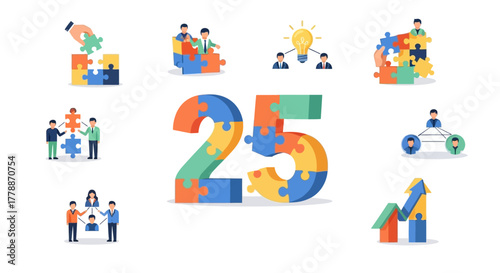 Illustration of teamwork and collaboration depicted through puzzle pieces and business scenarios