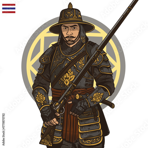 Ayutthaya Thai Warrior with Matchlock Musket – Historical Vector Illustration of Ancient Siamese Soldier in Ornate Armor