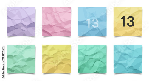Colorful crumpled paper squares with unique textures, hues, and subtle shadows for graphic design