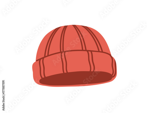 Hat, warm knitted beanie. Winter woolen head wear. Wool cap, headwear accessory, cold season apparel. Cozy knitwear with folded turn-up hem. Flat vector illustration isolated on white background