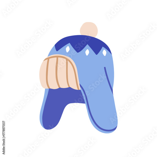 Winter hat, warm thick cap with earflaps and pompom. Wool knitted headwear accessory, soft knitwear with folded woolen cuff, pattern and pom-pom. Flat vector illustration isolated on white background
