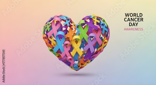 A 3D heart formed from colorful awareness ribbons highlighting World Cancer Day and the message of support, hope, and unity on a soft gradient background.
