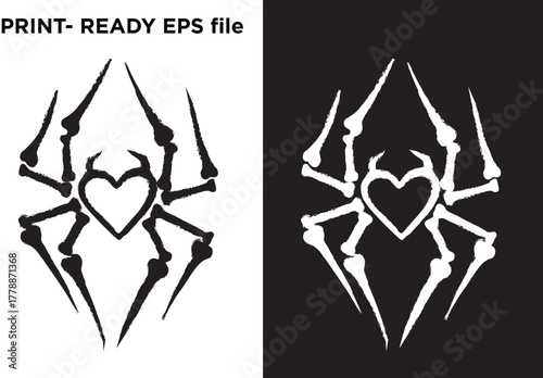 Distressed vector design of a spider with a heart-shaped body and sharp, skeletal legs, presented in stark black and white, conveying dark romance, edgy Halloween, alternative aesthetics, and graphic 