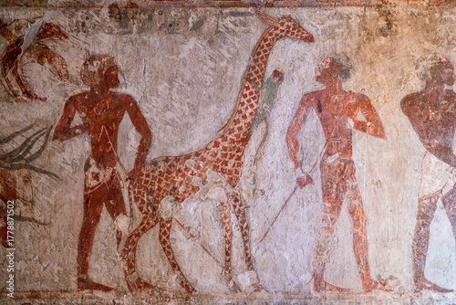 Ancient Egyptian Wall Painting of a Giraffe and Monkey in the Tomb of Rekhmire