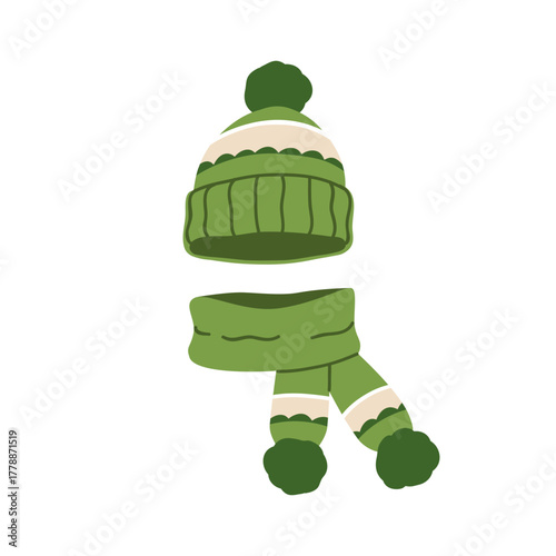 Beanie hat and wrapped scarf. Cold seasonal winter clothing, knitted warm cap with pattern and pom-pom. Cozy woolen thick accessories, knitwear. Flat vector illustration isolated on white background