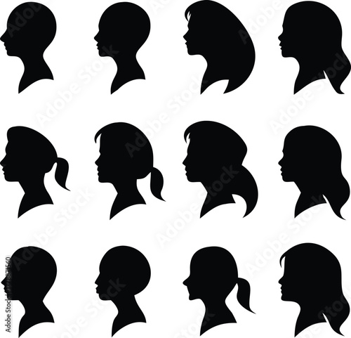 Set of female profile silhouettes in various hairstyles showing diversity, identity, and individuality in minimal style