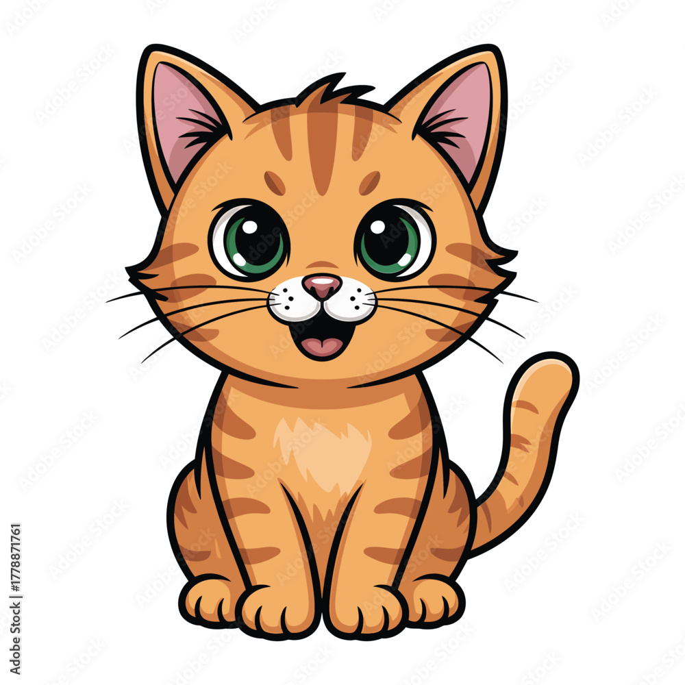 Obraz premium A cute cartoon cat with big green eyes and orange stripes, the cat is sitting down and smiling, looking happy and content