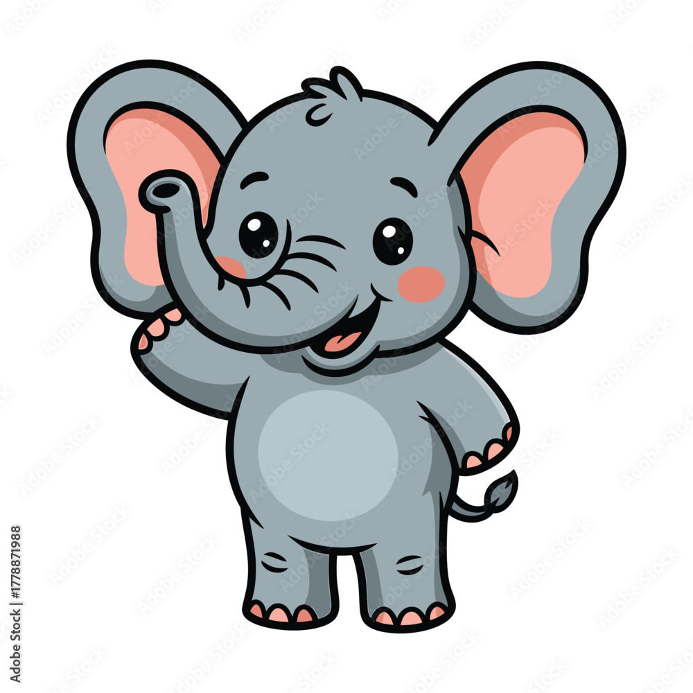 Naklejka premium Adorable gray elephant cartoon waving, cute animal with friendly gesture, cheerful character for childrens illustration
