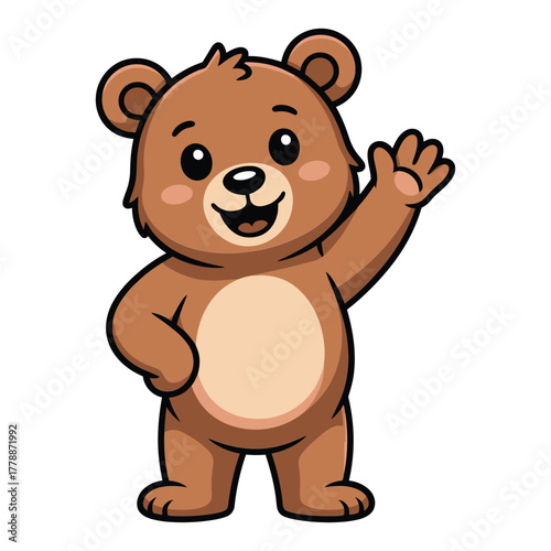 Cute brown bear cartoon waving, adorable animal with friendly gesture, cheerful character for childrens illustration or design