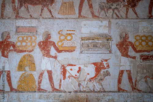 Ancient Egyptian Wall Painting of Figures Bringing Cattle Offerings in Tomb of Rekhmire