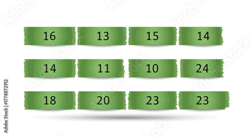 Array of green torn paper labels displaying various numbers for numerical tasks