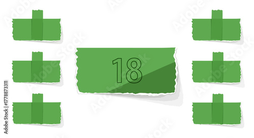 Green paper notes collage with number eighteen as sticker concept of age design
