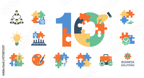 Colorful set of business concepts with puzzle pieces representing teamwork and solutions