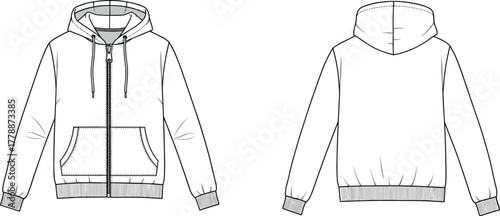 Unisex casual hoodie jacket with front zipper, drawstring hood and kangaroo pocket fashion flat sketch vector illustration