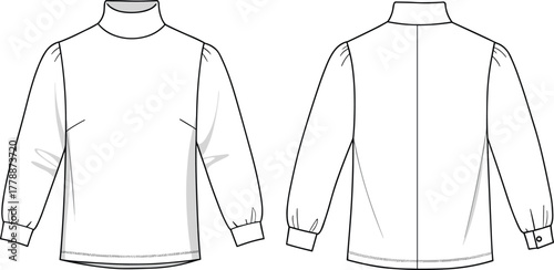 High neck women’s blouse flat sketch front and back view, fashion technical drawing of long sleeve top with cuff details