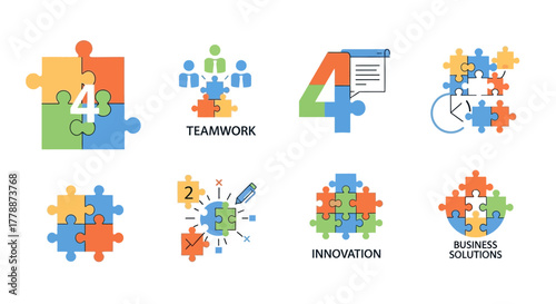 Illustrative icons demonstrating business concepts such as solutions, teamwork, innovation and