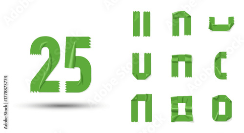 Creative green masking tape alphabet and number 25 isolated on white background artistic concept