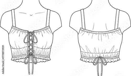 Trendy lace up crop top front and back flat sketch, strappy ruffle hem corset style fashion design template illustration