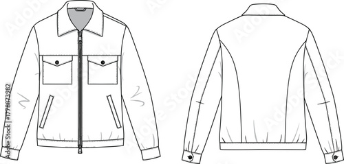 Stylish men’s utility jacket flat sketch front and back view, fashion design technical drawing with zipper and pocket details