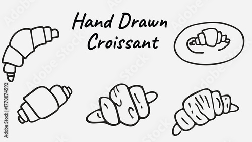 Hand-drawn vector croissant doodle illustration. French pastry sketch, bakery icon, black line art, food graphic element for cafe menu, breakfast design, packaging, and artisanal label.