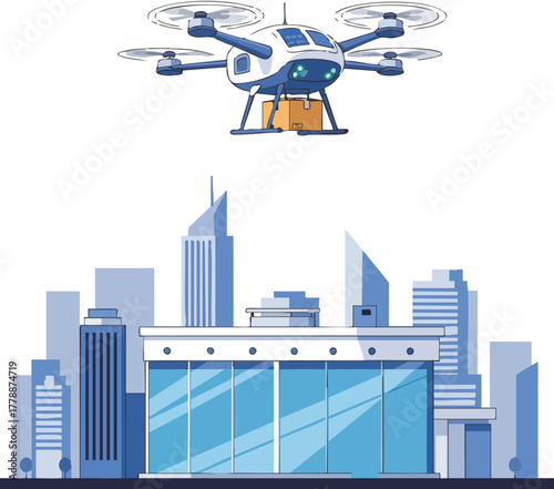 A drone flies over a city skyline with a modern building and skyscrapers in the background.