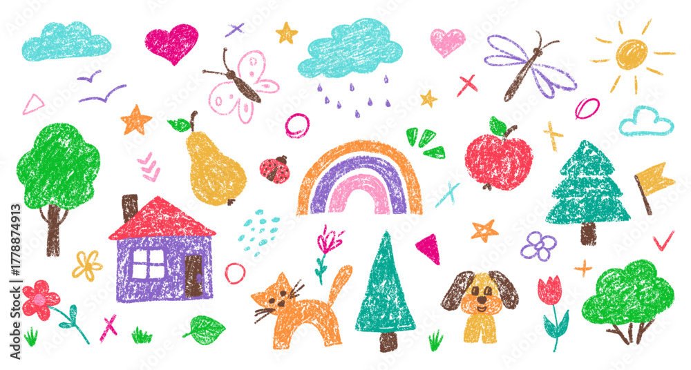 Fototapeta premium Crayon chalk kid element set by hand drawn for children design. Cute kindergarten color pencil dog, cat, star, cloud, flower, heart and house. Childish summer vector illustration for sticker, icon.