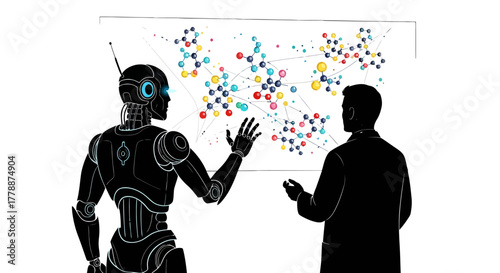 Futuristic collaboration showcasing AI and human expertise in scientific discovery, driving innovation and groundbreaking research in a modern, dynamic setting