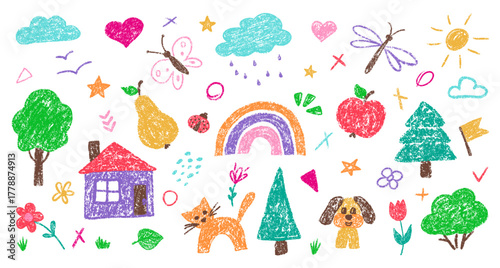 Crayon chalk kid element set by hand drawn for children design. Cute kindergarten color pencil dog, cat, star, cloud, flower, heart and house. Childish summer vector illustration for sticker, icon.