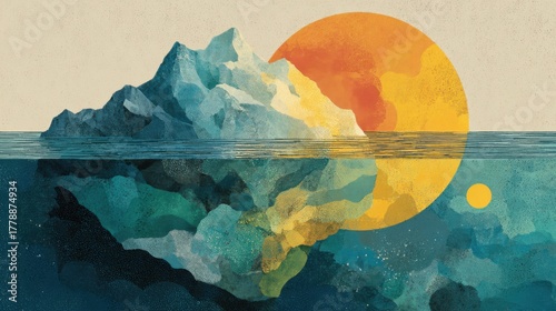 Abstract Illustration of Iceberg Under Water with Sun Background