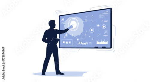 Professional presents modern AI data analytics on interactive display screen for business strategy, innovation, and technology solutions in a modern office