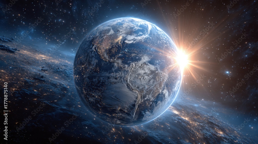 Fototapeta premium Stunning View of Earth from Space with Bright Sunlight at Horizon