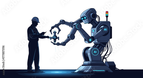 Futuristic AI Robot Working with Engineer on Production Line, Manufacturing Technology of Tomorrow, Promotes Innovation and Efficiency, Modern Automation Solutions
